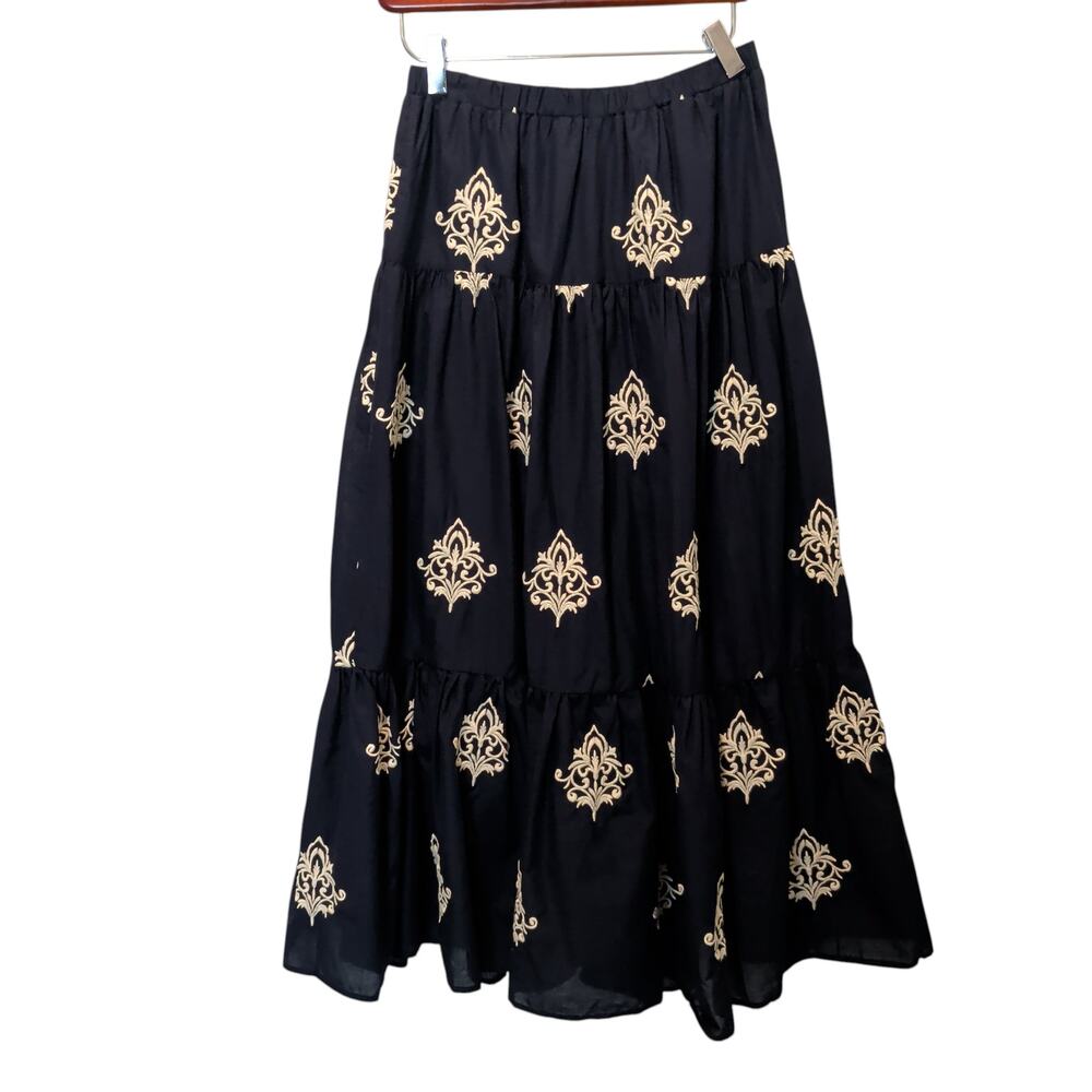 NVLT Women's Sz XS Navy Blue Maxi Midi Skirt White Embroidery Tiered